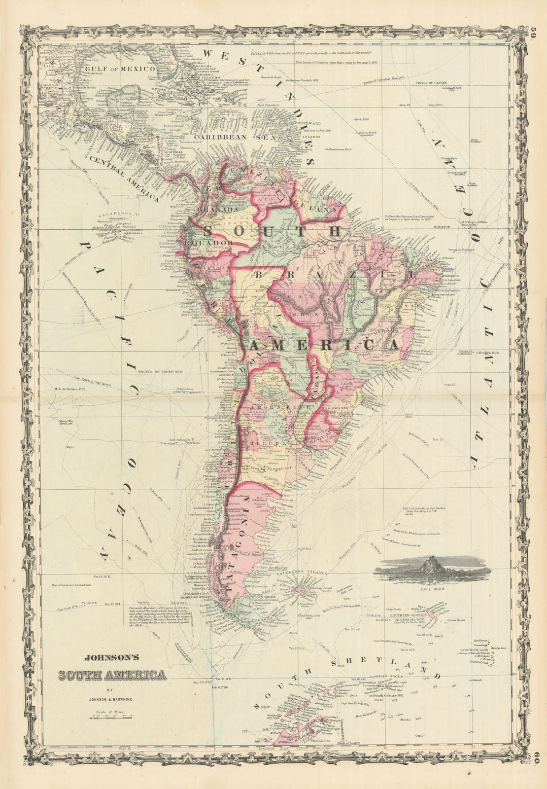 Johnson's South America. Bolivia with Littoral. Navigators' routes 1861 map